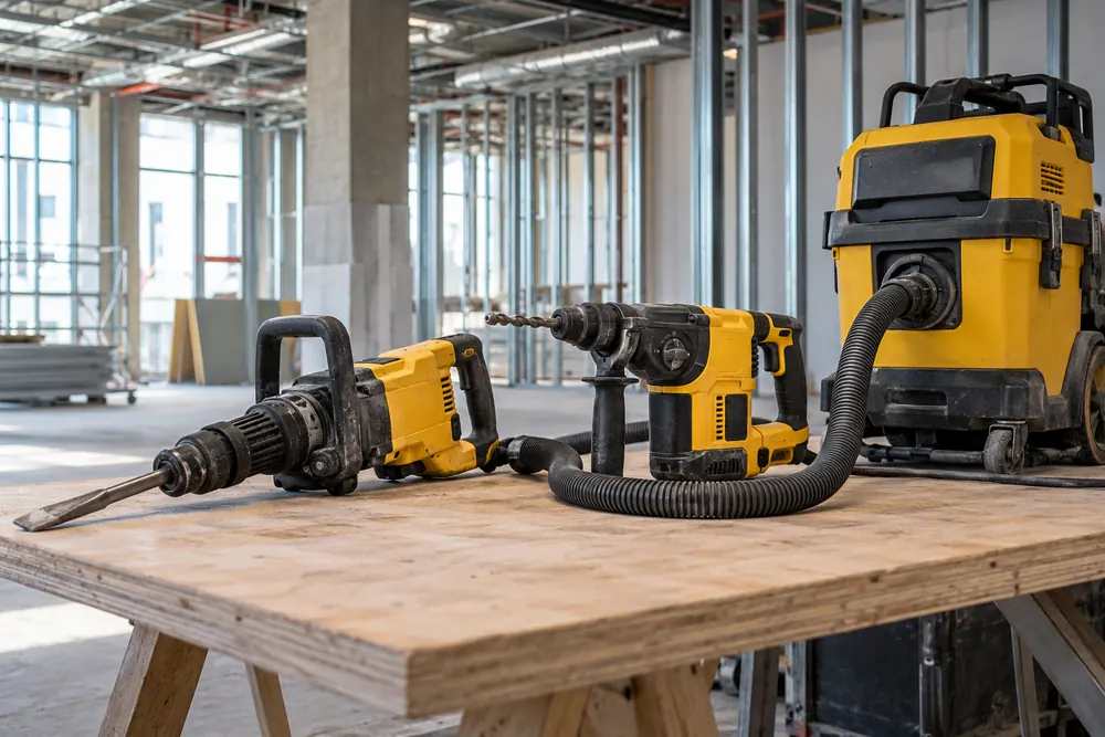 Professional drill, breaker and dust extraction equipment on a workbench